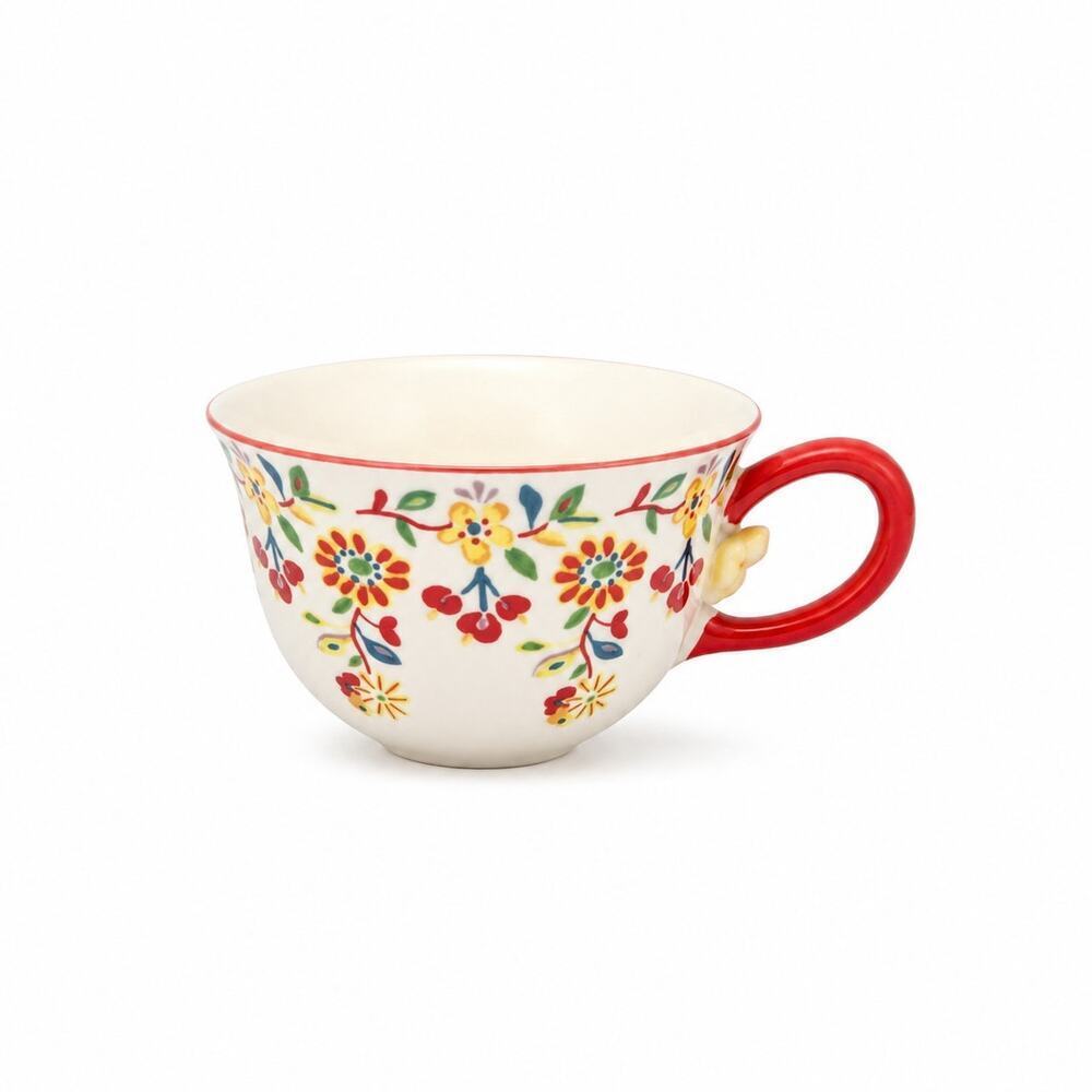 Anthropologie Cadiz Floral Mug Red Handle 3D Flower Ceramic Cup